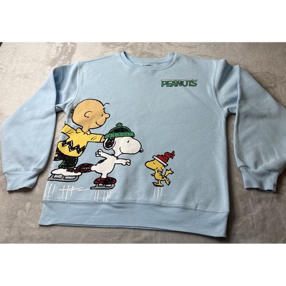 Peanuts Tops - Peanuts Light Blue Sweatshirt with Skating Characters Holiday